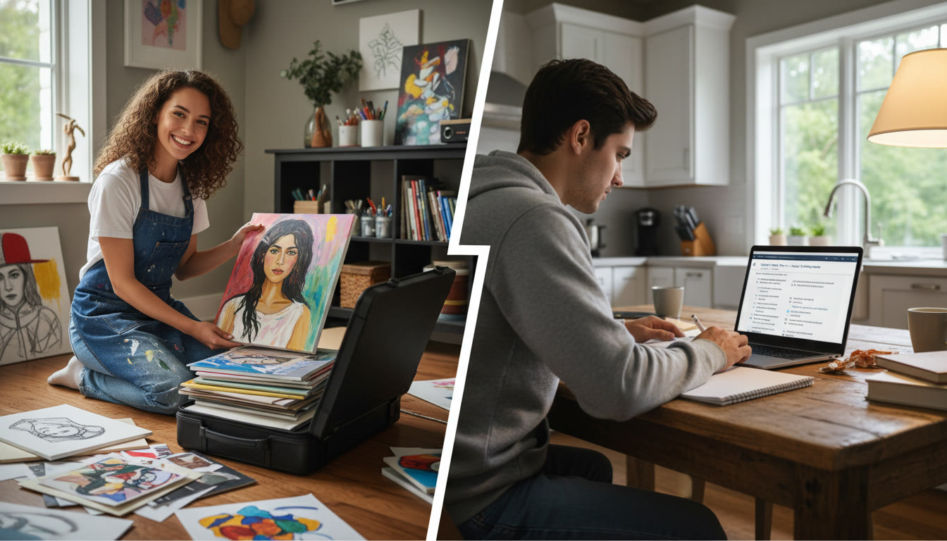 Photo Idea : A split-frame image showing a student arranging artwork for a portfolio on one side and another student taking a full-length Digital SAT practice test on a laptop at a kitchen table on the other. This visual works well in the latter half of the article to illustrate balancing both paths.
