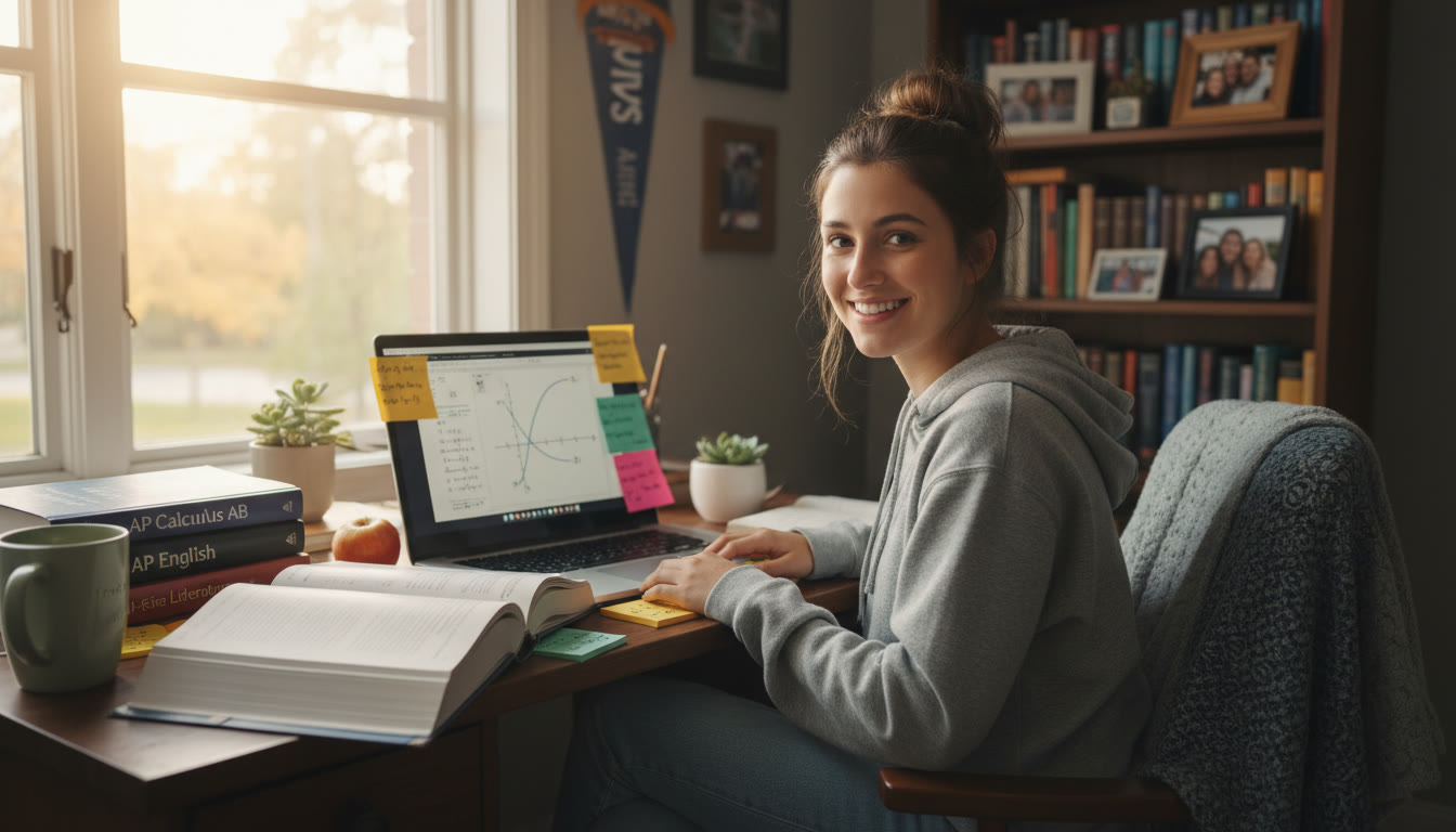 Photo Idea : A cozy study scene—student at a desk with open AP books, a laptop showing a calculus diagram, and sticky notes with problem steps—capturing focused, calm preparation in a real-world home setting.
