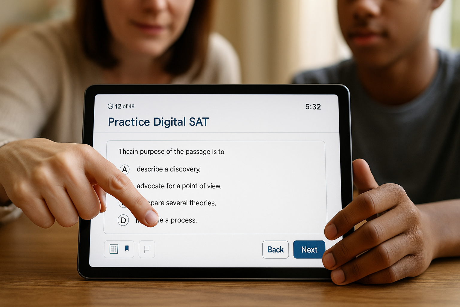 Photo Idea : A close-up of a student’s digital tablet showing a practice Digital SAT screen, with a parent pointing and discussing strategy—emphasizing modern test-taking and collaborative prep.