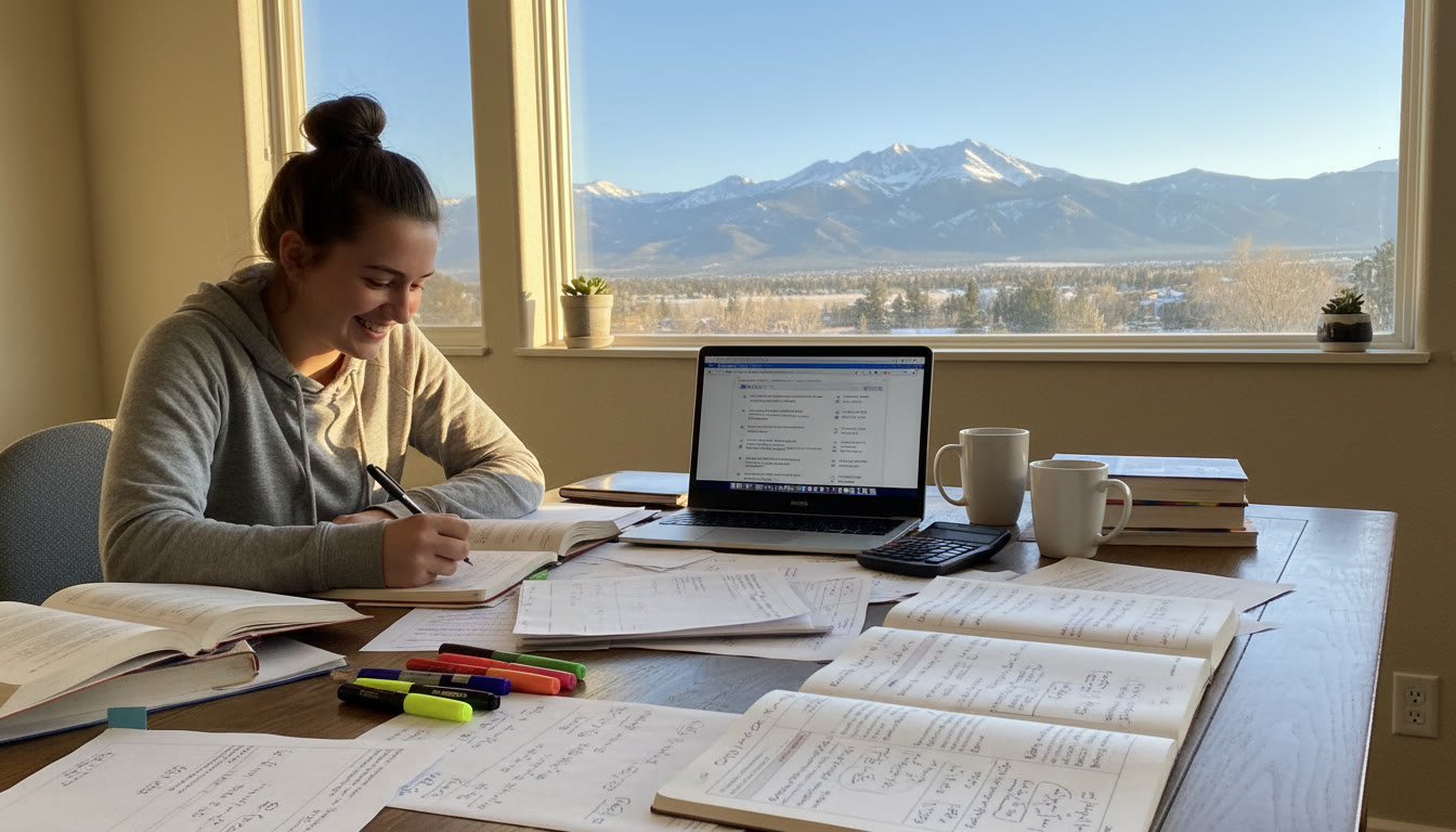 Photo Idea : A bright, energetic study scene of a high-school student at a desk with calculus and physics notes spread out, a laptop open to problem sets, and a Colorado mountain vista visible through the window — symbolize ambition and place.