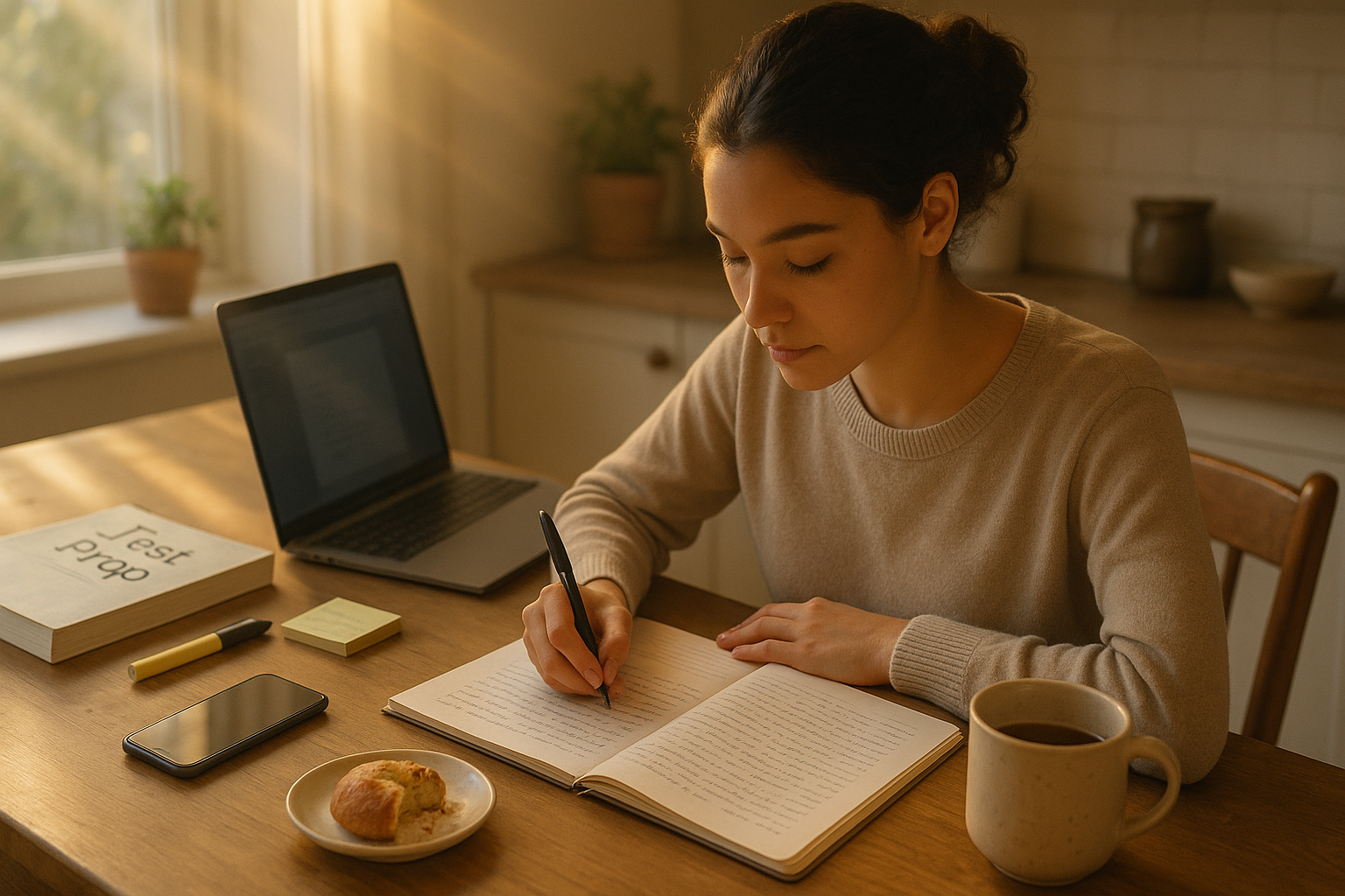 Photo Idea : A student writing a personal essay at a kitchen table with a test prep book and a laptop nearby, sunlight streaming in—conveying focused, balanced preparation.