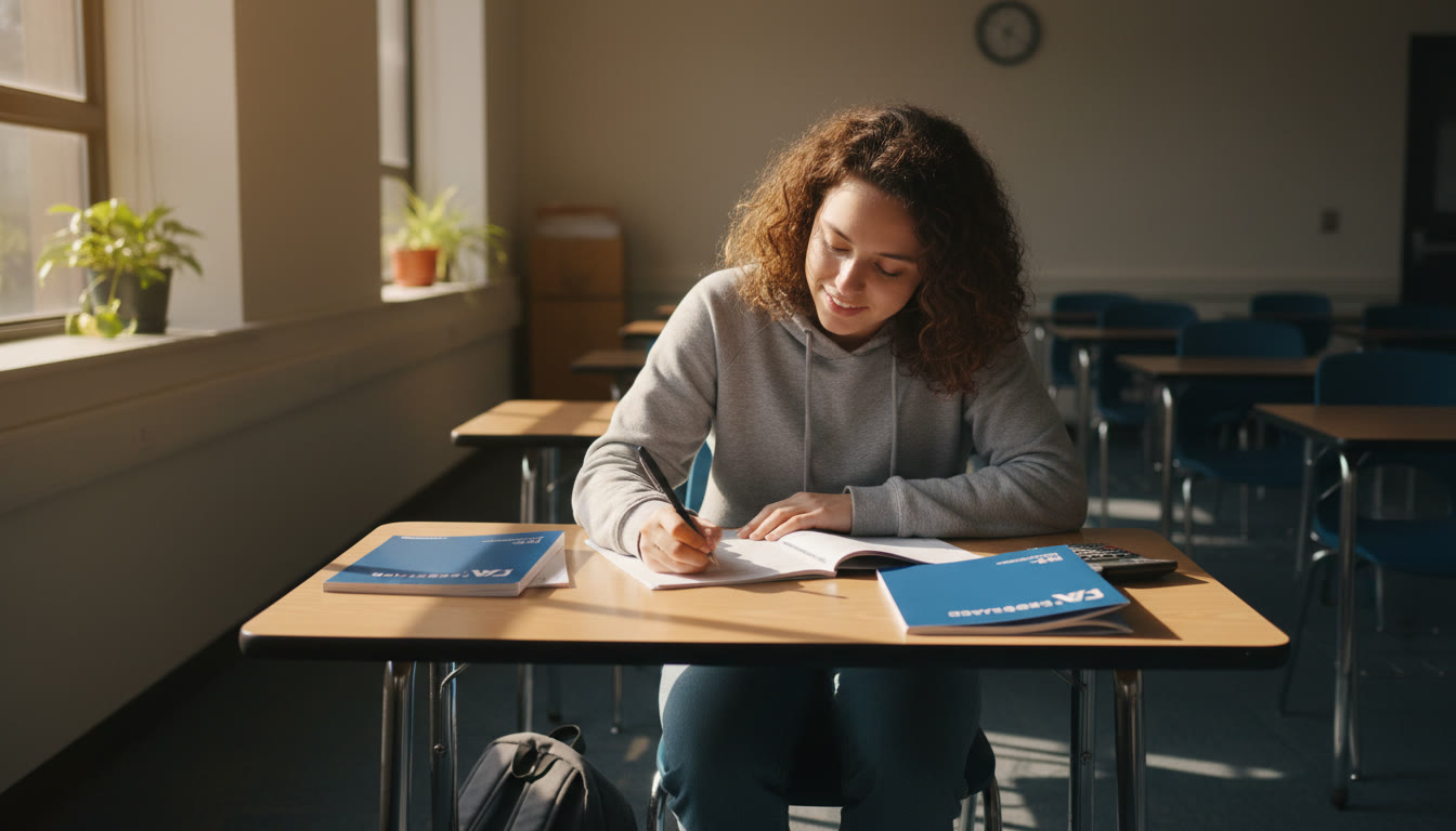 Photo Idea : A quiet exam room with a student writing in a blue AP booklet, sunlight across the desk—captures calm focus and intent.