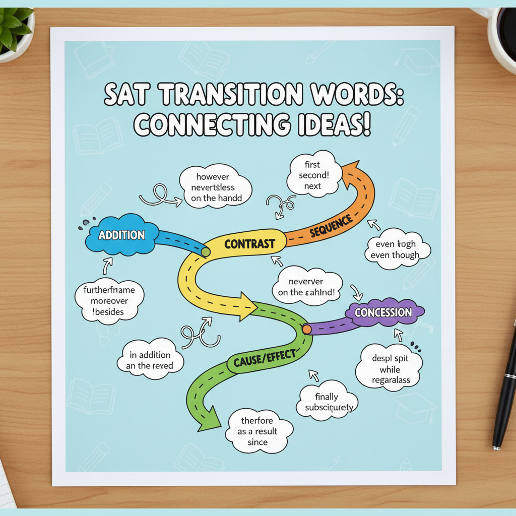 Infographic idea: A colorful map showing categories of transitional phrases (addition, contrast, cause/effect, sequence, concession) with arrows and example words in each category to visualize how ideas connect.