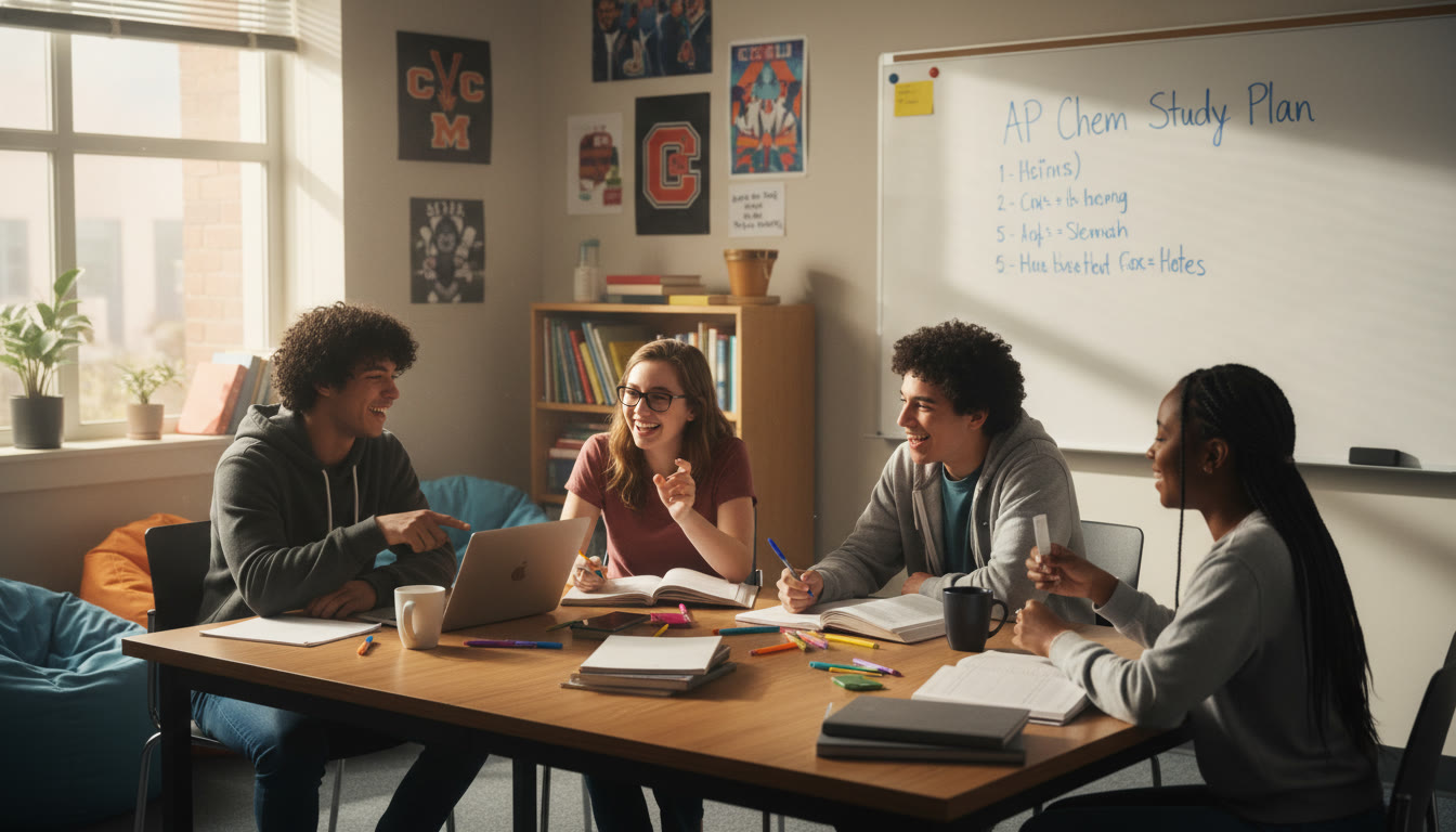 Photo Idea : A bright college dorm common room with a small group of diverse high school students gathered around a table, laptops, notebooks, and a whiteboard visible — candid, collaborative energy.