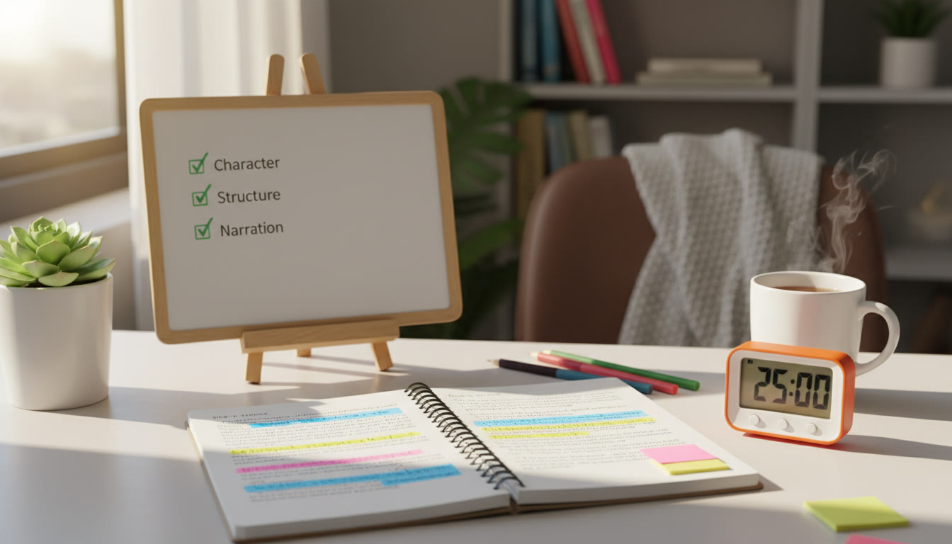 Photo Idea : A tidy study scene showing a student’s annotated passage, a timer, and a checklist labeled Character, Structure, Narration — suggesting exam preparedness and focused practice.