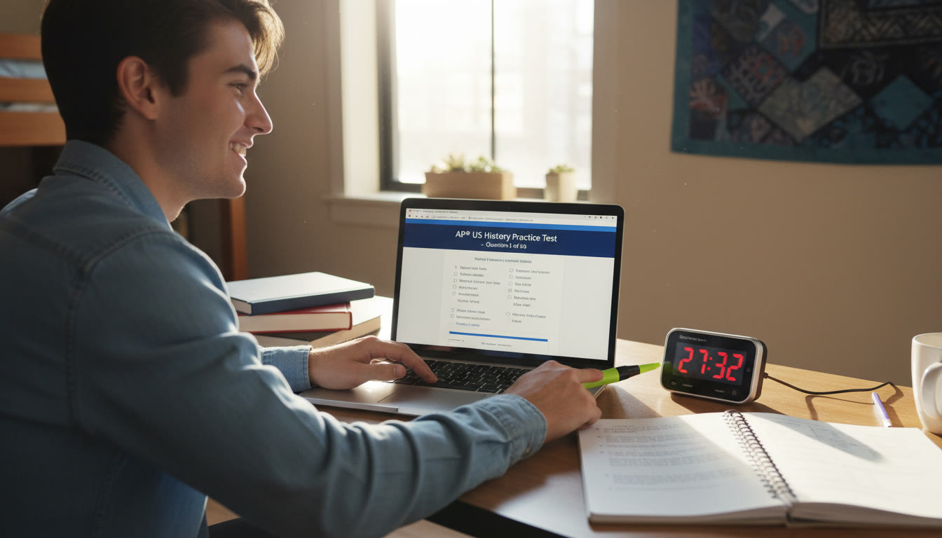 Photo Idea : A calm study scene showing a student at a laptop with an on-screen AP practice interface and a printed timer beside them; the image should convey familiarity with the digital environment and deliberate checking habits.