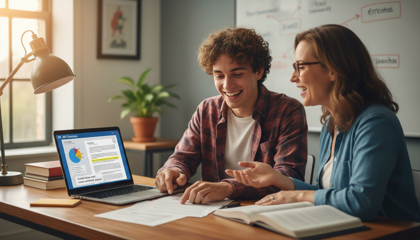 Photo Idea : Student and tutor at a desk, reviewing a scored practice essay together with a laptop open to AP Classroom; this illustrates how personalized tutoring and guided deep work can accelerate progress.