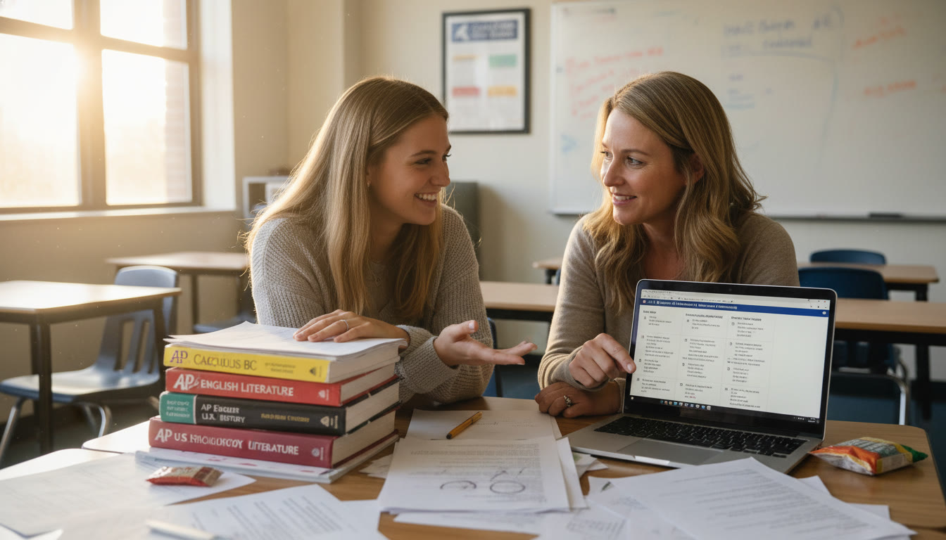 Photo Idea : A candid photo of a student meeting with a teacher in a bright classroom papers, an open laptop showing practice questions, and a stack of AP textbooks visible. This image should sit near the top to show the human connection behind recommendations.