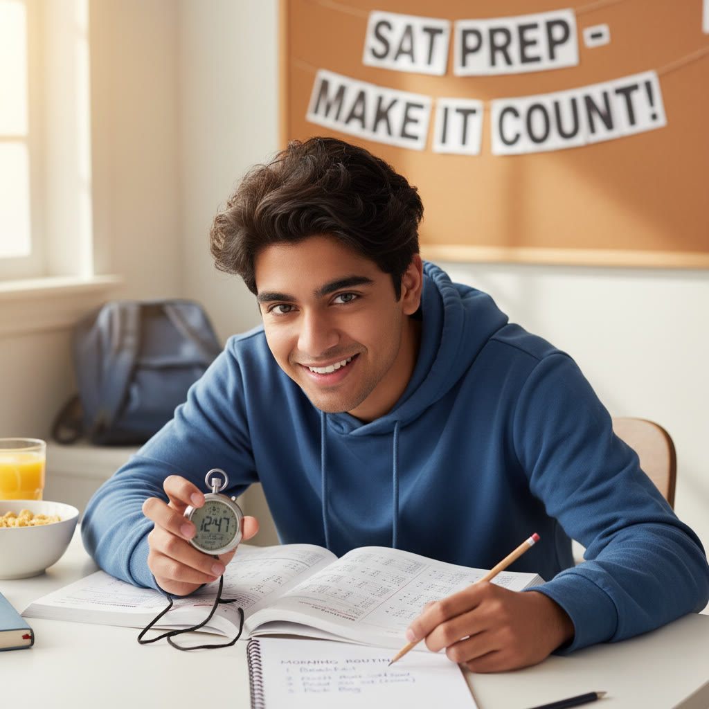 Close-up of a student timing a set of math problems with a stopwatch, with a clean checklist of morning tasks beside them.