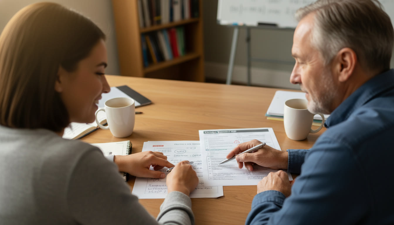Photo Idea : Over-the-shoulder photo of a student and tutor (or a parent guiding) reviewing a graded AP practice FRQ with a rubric on the table — warm, collaborative scene to reinforce the benefit of guided feedback.