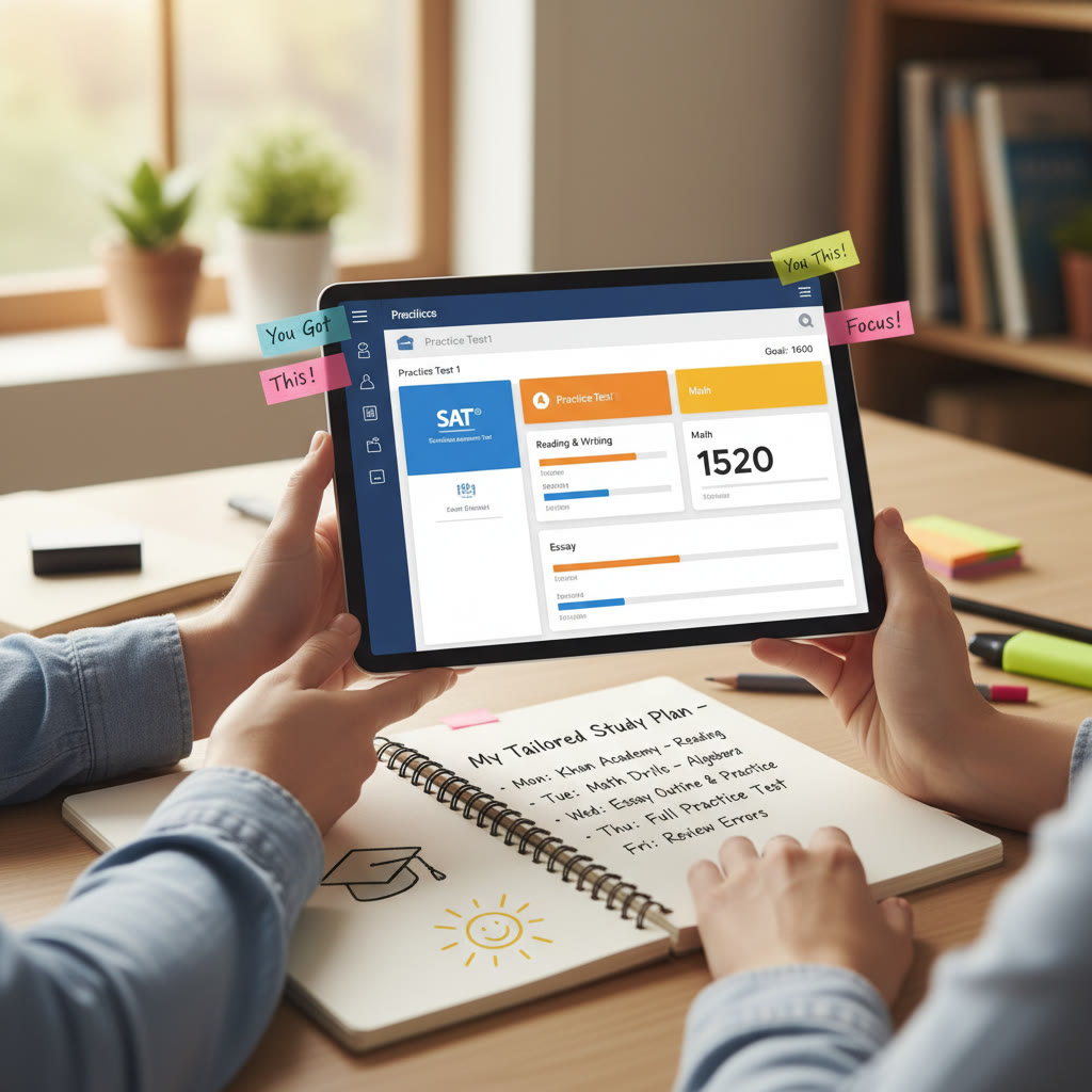 Photo Idea : A close-up of hands holding a digital tablet showing a practice SAT dashboard and a notebook with a tailored study plan.