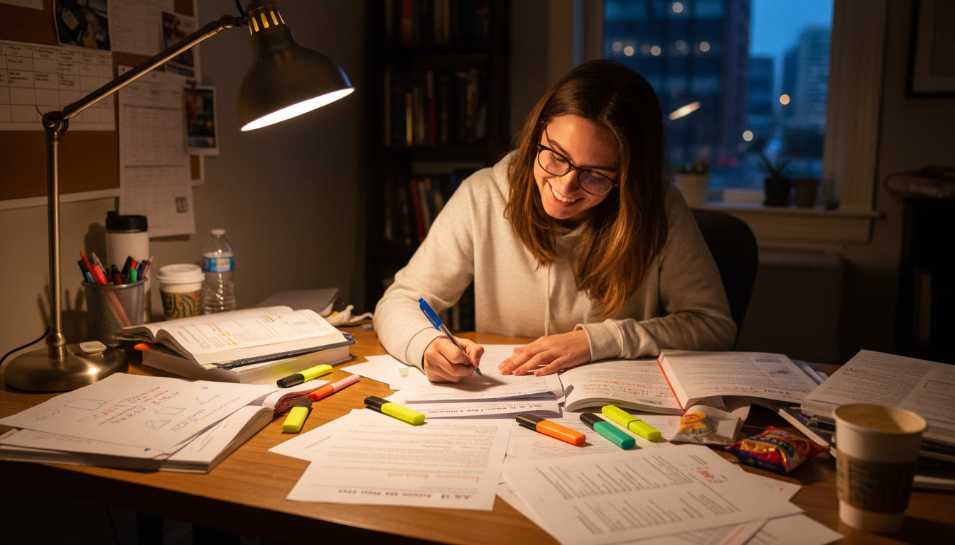 Photo Idea : A student at a desk under a warm lamp, surrounded by notebooks and highlighted documents, mid-annotation—conveys focused late-night DBQ prep in a realistic, human scene.