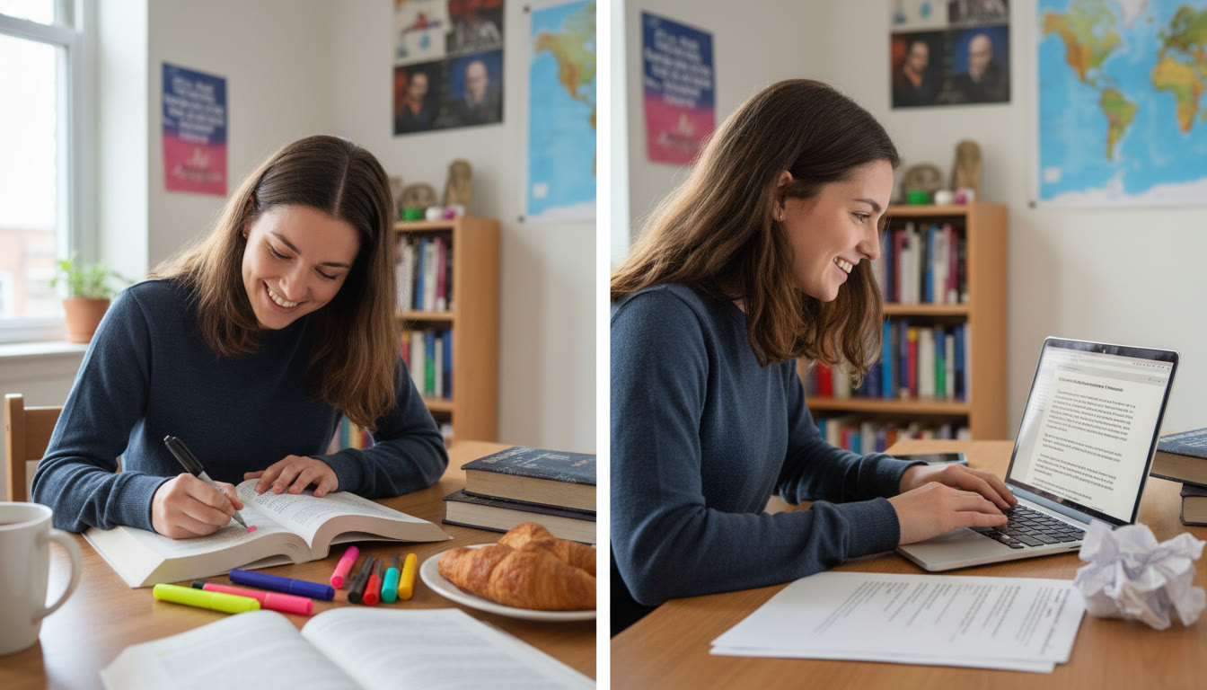 Photo Idea : A split-screen image showing a student annotating a French/Spanish text on the left and, on the right, the same student composing an AP-style essay in English; emphasizes skill transfer and bilingual cognition.