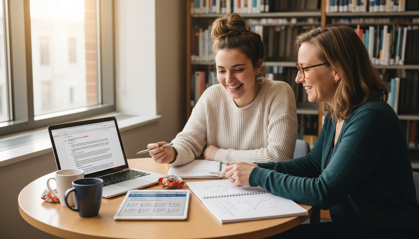 Photo Idea : A student and tutor reviewing an economics essay together at a small table, with diagrams on notepads and a tablet showing practice questions—conveys the value of personalized 1-on-1 guidance.