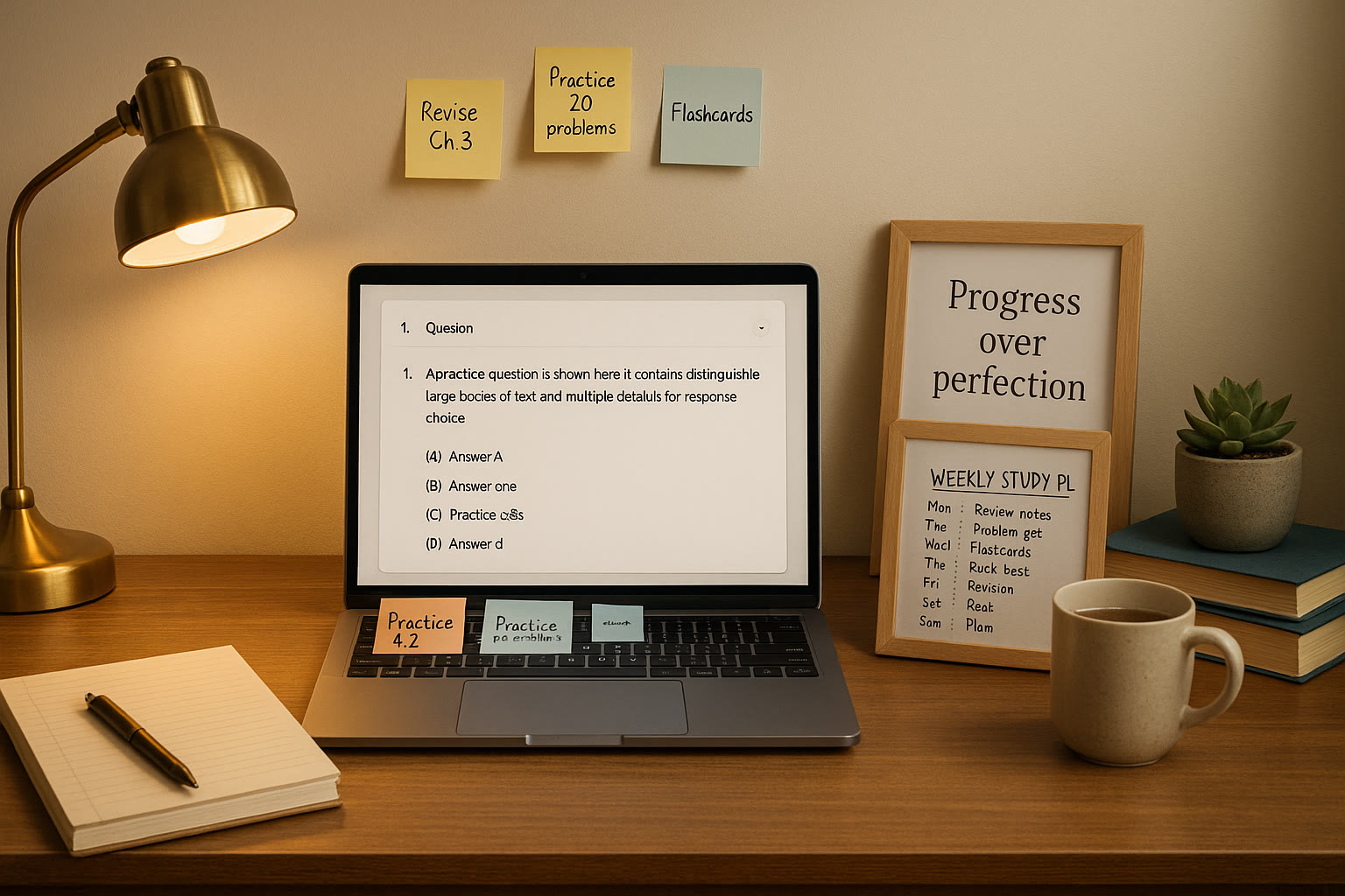 Photo Idea : A calm study nook with a laptop showing a practice question, sticky notes with goals, and a small whiteboard summarizing the weekly study plan — warm light, organized, inspirational.