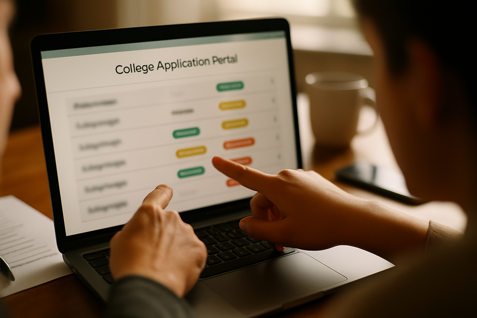 Photo Idea : Close-up of a computer screen showing a college application portal (blurred for specificity) with a parent and student pointing — emphasizes teamwork and checking status.