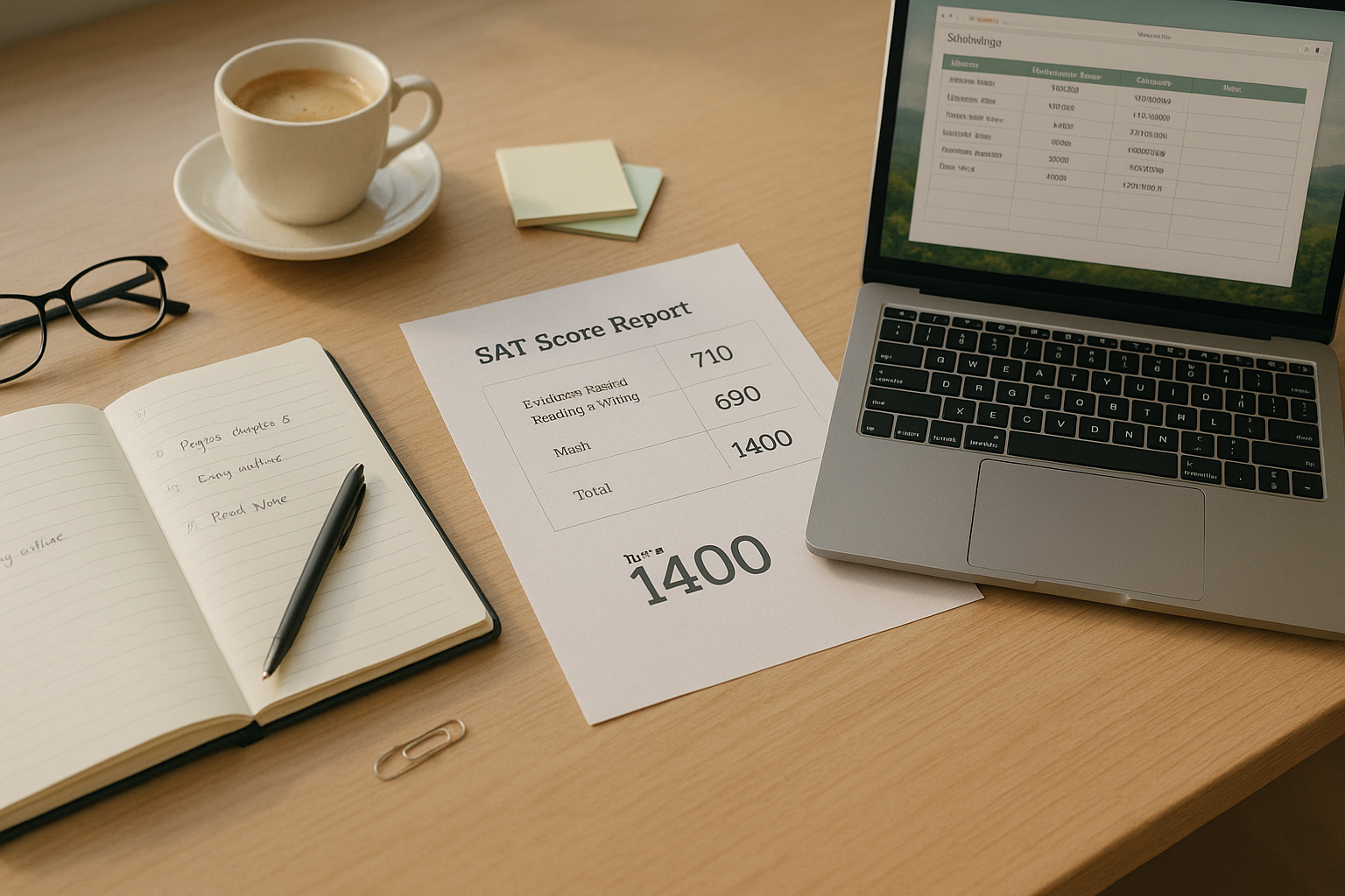 Photo Idea : A clean desktop scene showing a planner, a printed SAT score report, a scholarship spreadsheet on a laptop, and a cup of coffee—organized, calm, purposeful.