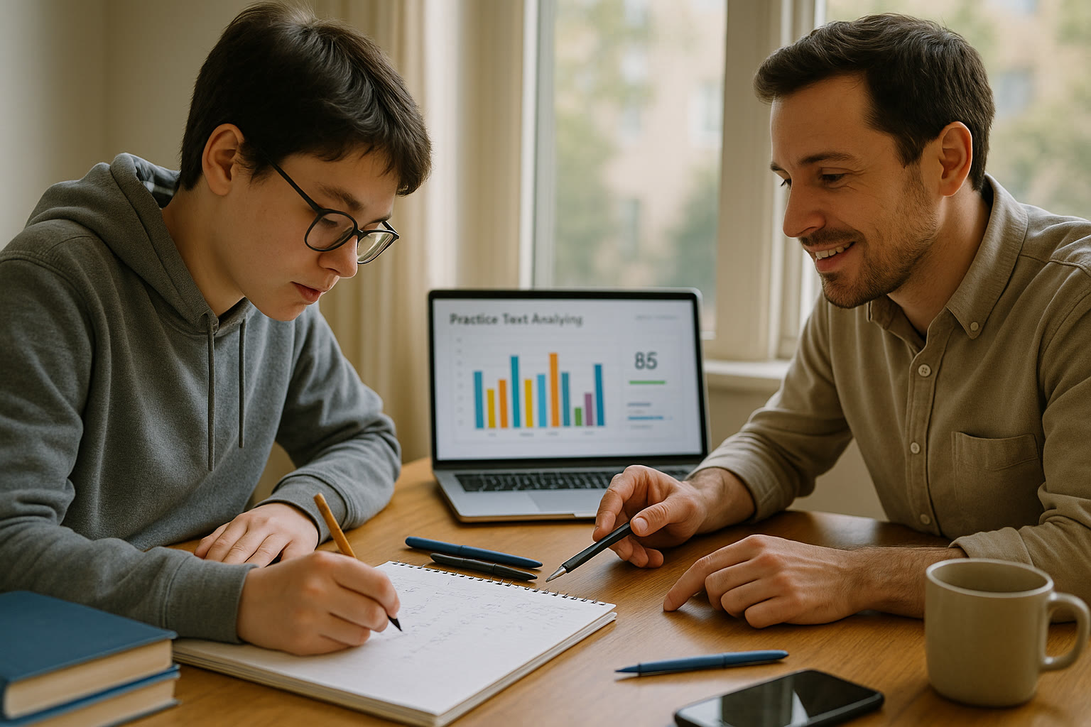 Photo Idea : A tutoring session in progress: a student working on practice problems with a tutor pointing to a notebook, and a laptop displaying practice-test analytics in the background.