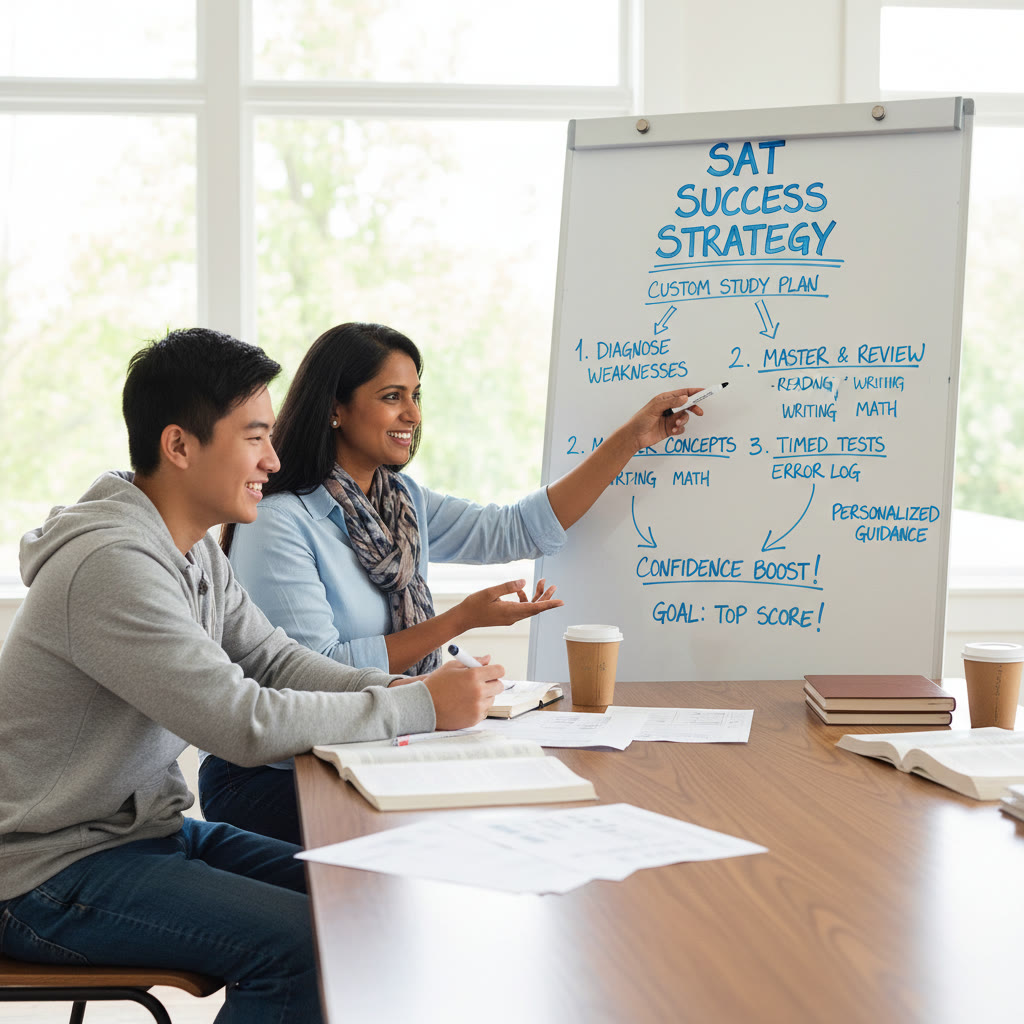 A tutor and student working together, with a whiteboard mapping a step-by-step SAT strategy—suggested for illustrating personalized tutoring and guidance.