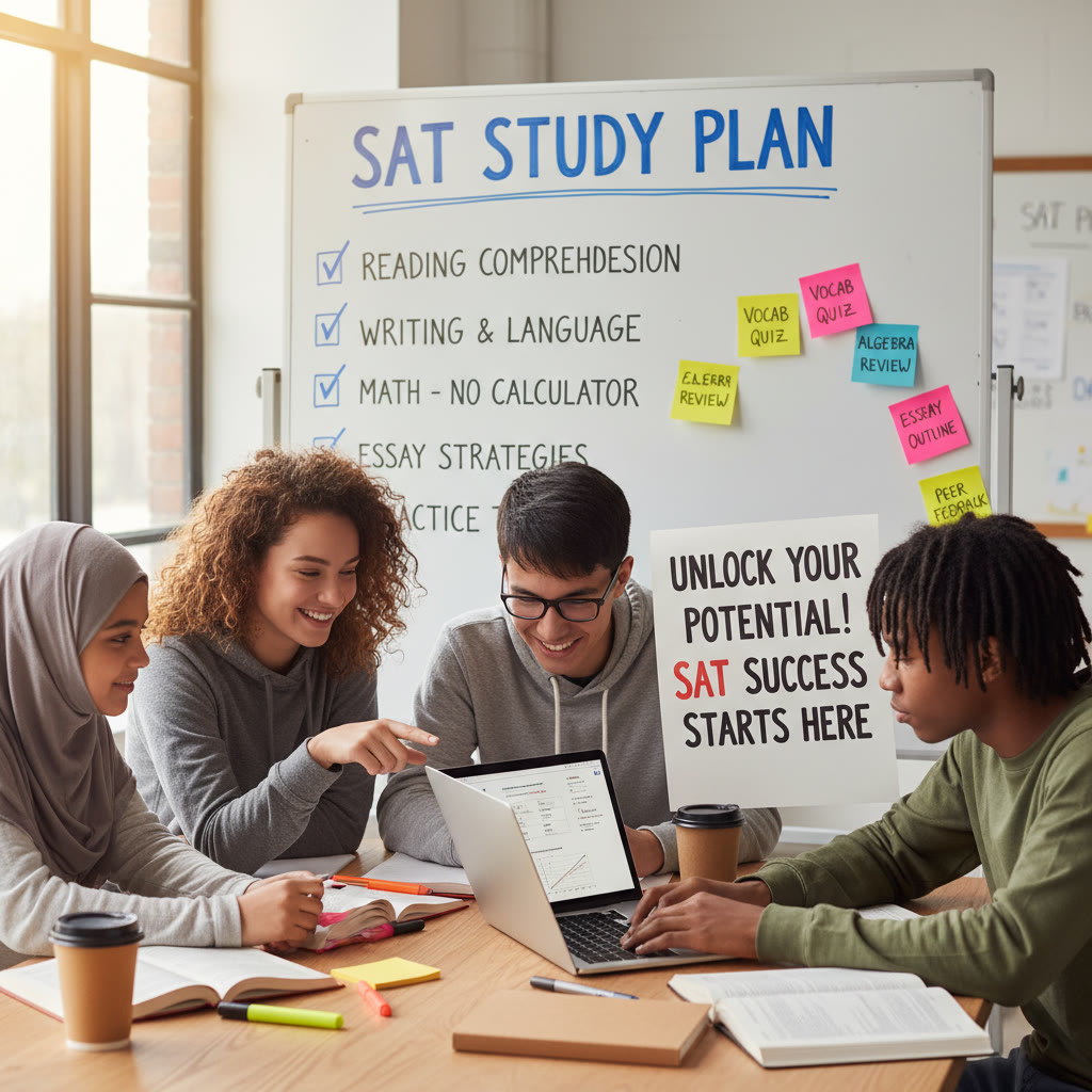 A small group of students around a laptop, with a visible checklist and sticky notes — suggests a focused, structured peer study session with clear agenda and roles.