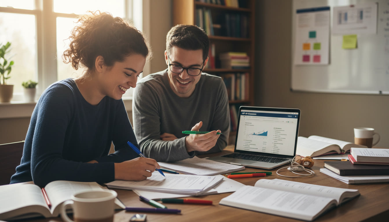 Photo Idea : A study scene showing a student and a tutor working side-by-side at a table with practice AP essays, colored pens, and a laptop open to AP Classroom. The scene should look collaborative and focused to illustrate the benefit of guided practice. Place this image where the tutoring paragraph appears to reinforce the point visually.