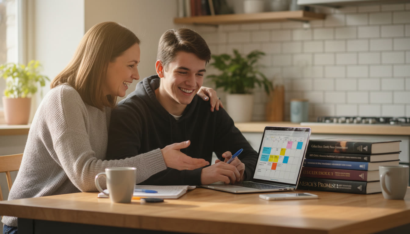 Photo Idea : A parent and teen sitting at a kitchen table with a laptop open to a calendar and a stack of textbooks, smiling and discussing a study plan—warm natural light, candid moment that conveys partnership and planning.