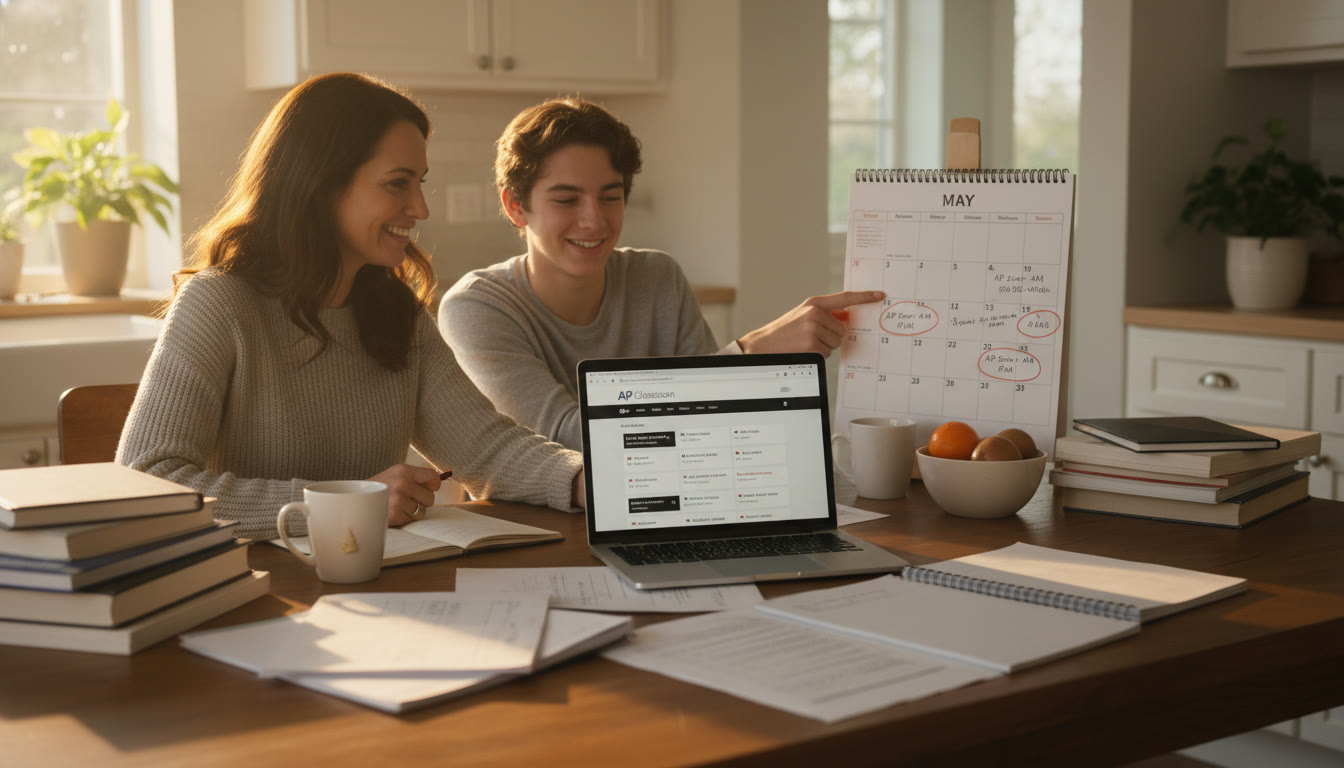 Photo Idea : A candid shot of a parent and teen at a kitchen table covered in course notes, a laptop open to an AP Classroom page, and a calendar marked with May exam dates—warm natural light, relaxed atmosphere to show planning, not panic.