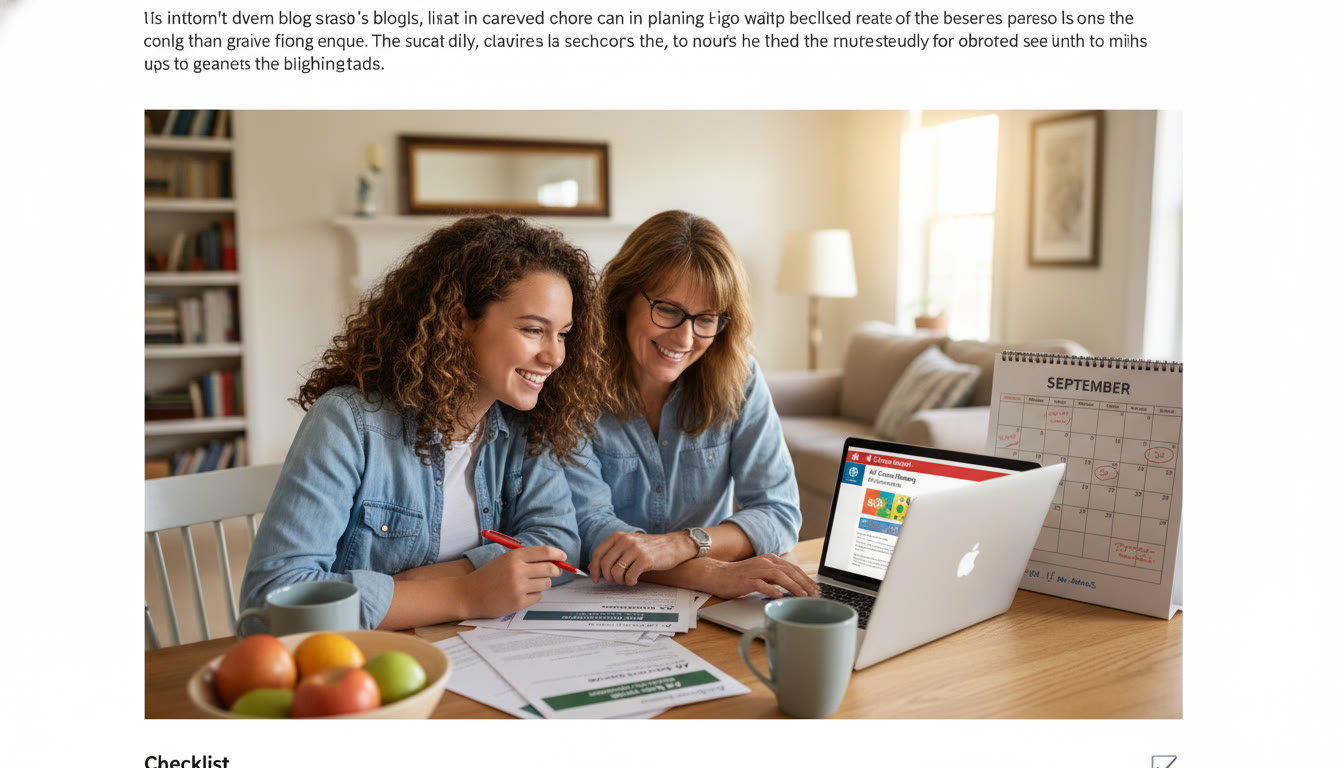 Photo Idea : A calming photo of a student and a parent reviewing a laptop together with course syllabi and a calendar, illustrating planning and communication. Place in the lower half of the article near the Checklist for visual reinforcement.