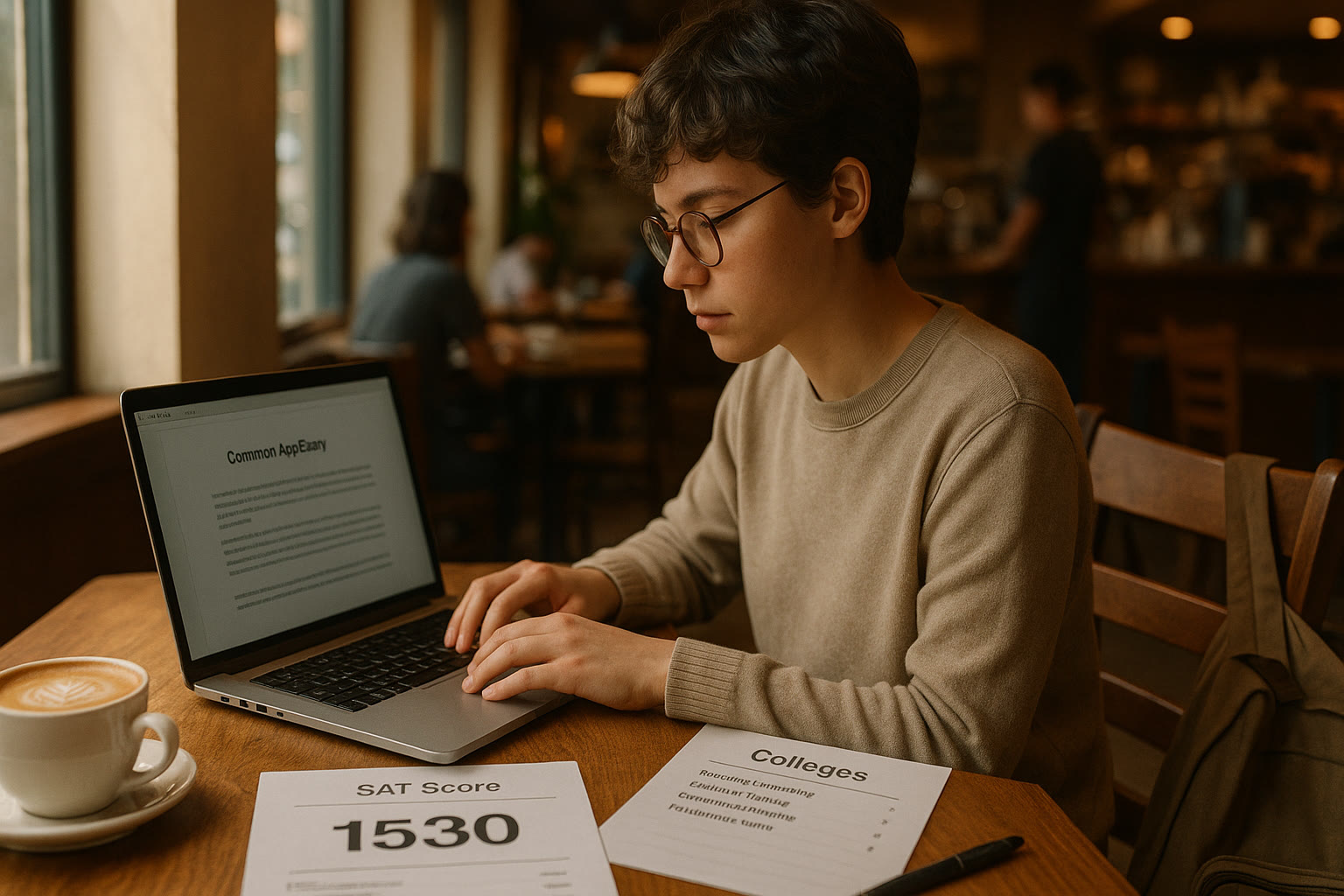 Photo Idea : A student at a coffee shop typing an essay on a laptop, with a printed SAT score and a list of colleges beside them.