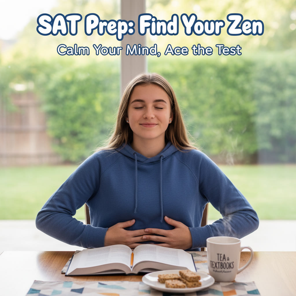 Close-up of a student doing a simple breathing exercise—their hands on their belly, eyes closed, sitting at a kitchen table
