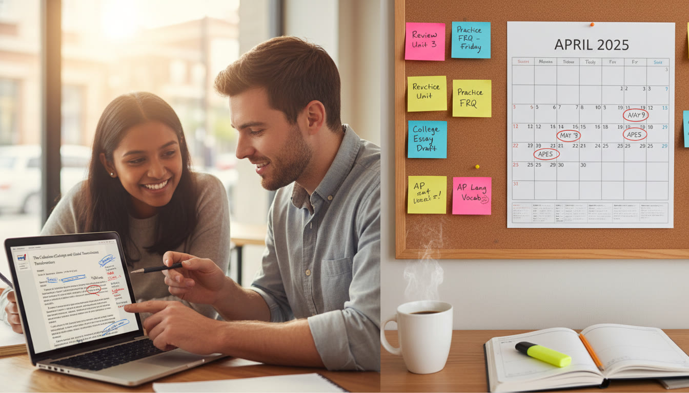 Photo Idea : A split-screen composition — left side shows a student and a tutor working over a passage on a laptop, annotated text visible; right side shows sticky notes and a study plan calendar. The image should illustrate personalized guidance and practical planning.