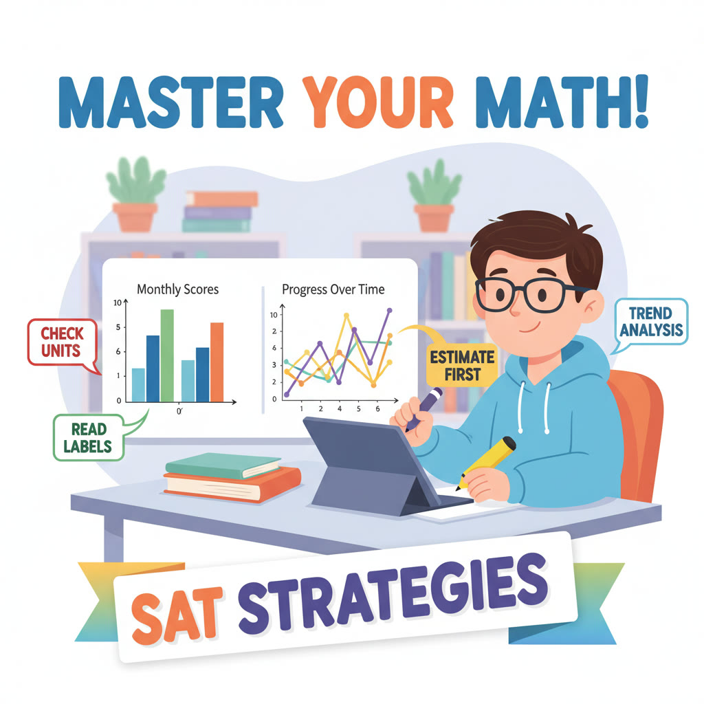 Illustration idea: a clean, colorful infographic showing a student annotating a bar chart and a line graph, with callouts like 