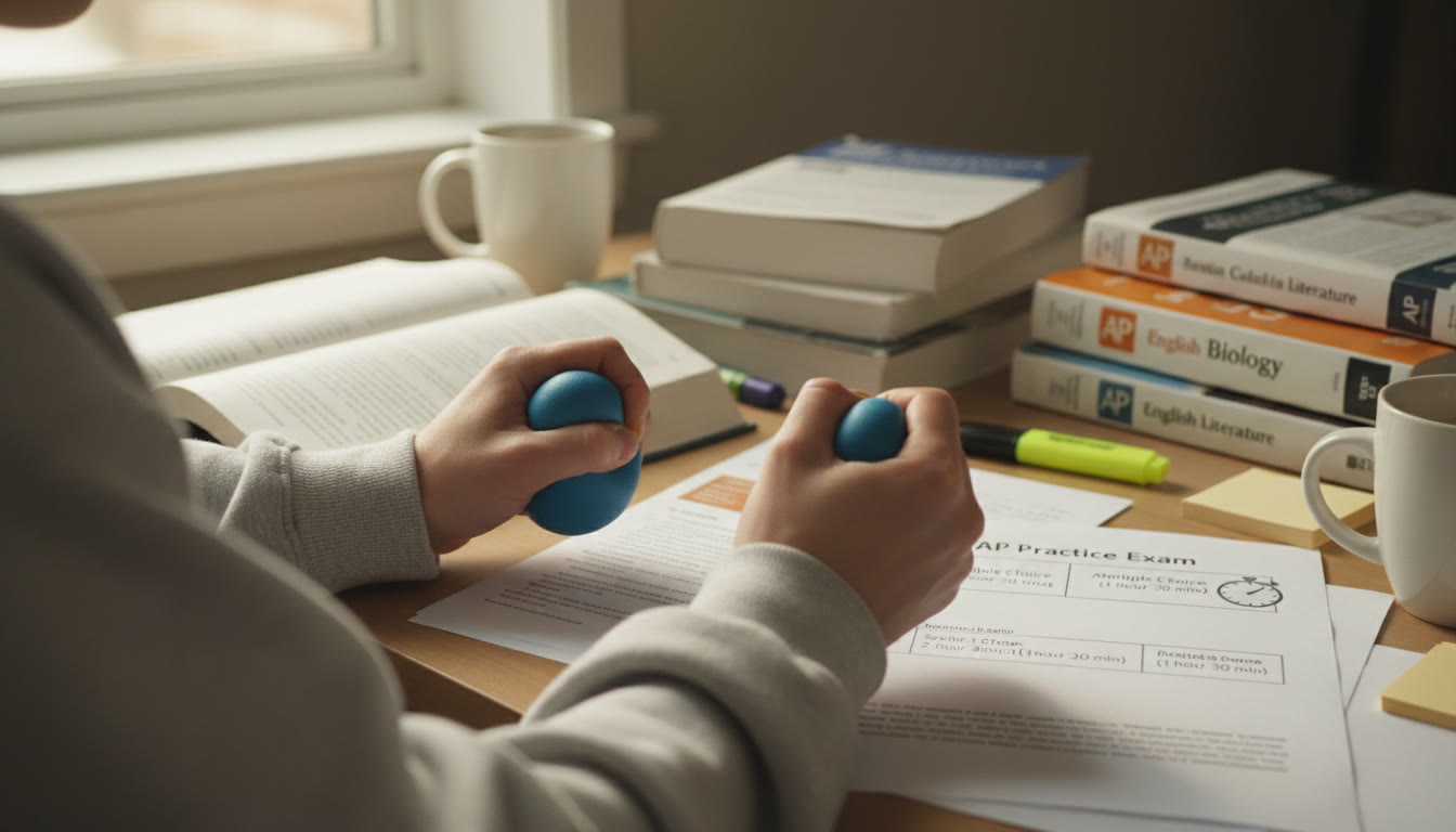 Photo Idea : Close-up of a student’s hands using a soft therapy ball and gently stretching their fingers at a desk filled with AP review books and a “Practice Exam” timing sheet visible in the background.