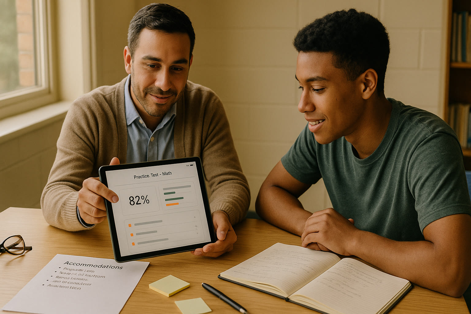 Photo Idea : A reassuring scene of a tutor and student reviewing practice test results on a tablet, with notes about accommodations visible on the table.