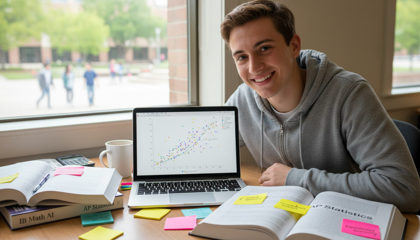 Photo Idea : A focused student at a desk with two open textbooks labeled “IB Math AI” and “AP Statistics,” sticky notes listing terms like