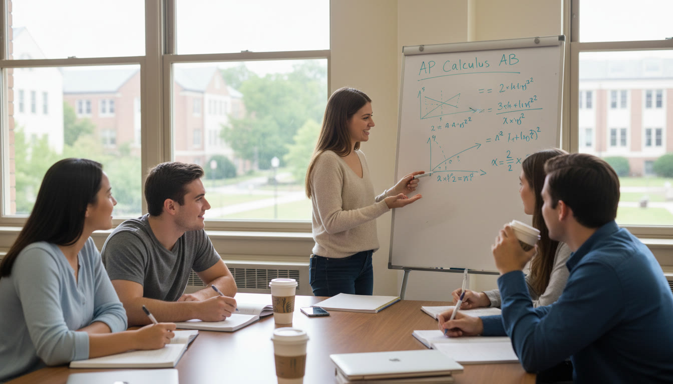 Photo Idea : A small study group with a tutor explaining a problem on a whiteboard while students take notes—illustrates the energy of targeted tutoring sessions and collaborative learning.