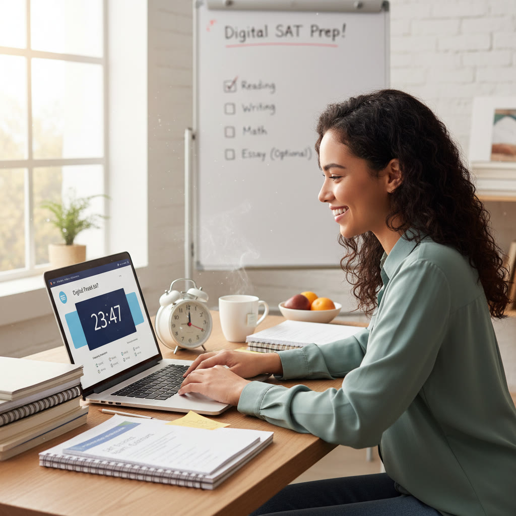Photo Idea : Student taking a practice Digital SAT on a laptop in a quiet study space, with notes and a timer visible—conveys focused modern test prep.