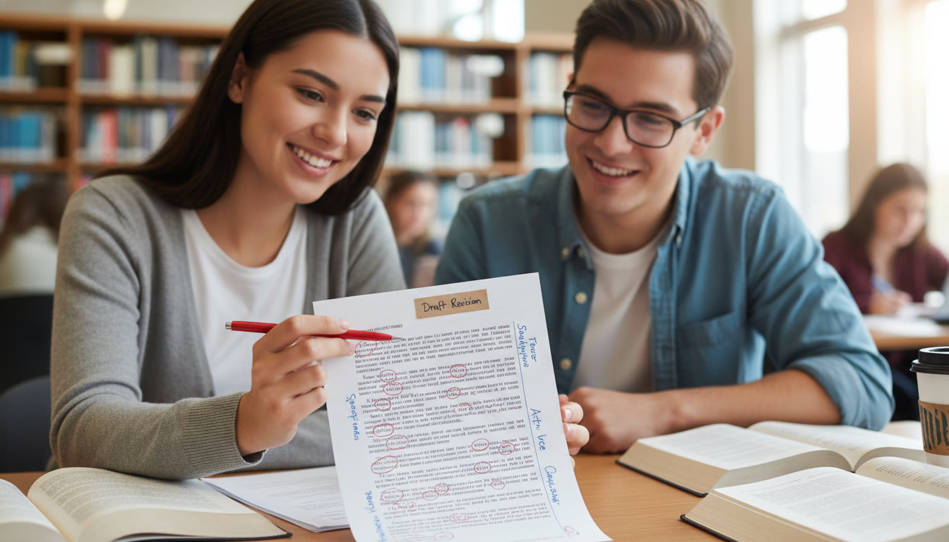 Photo Idea : A close-up of a tutor and student discussing a printed AP essay, with verbs circled and notes on tense and mood in the margins; a small tag reads “Draft Revision.”