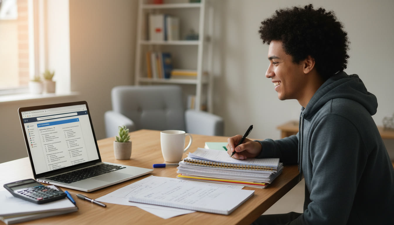 Photo Idea : A focused student reviewing A Level notes on a desk while an open laptop displays an AP practice exam — illustrates study integration and thoughtful preparation.