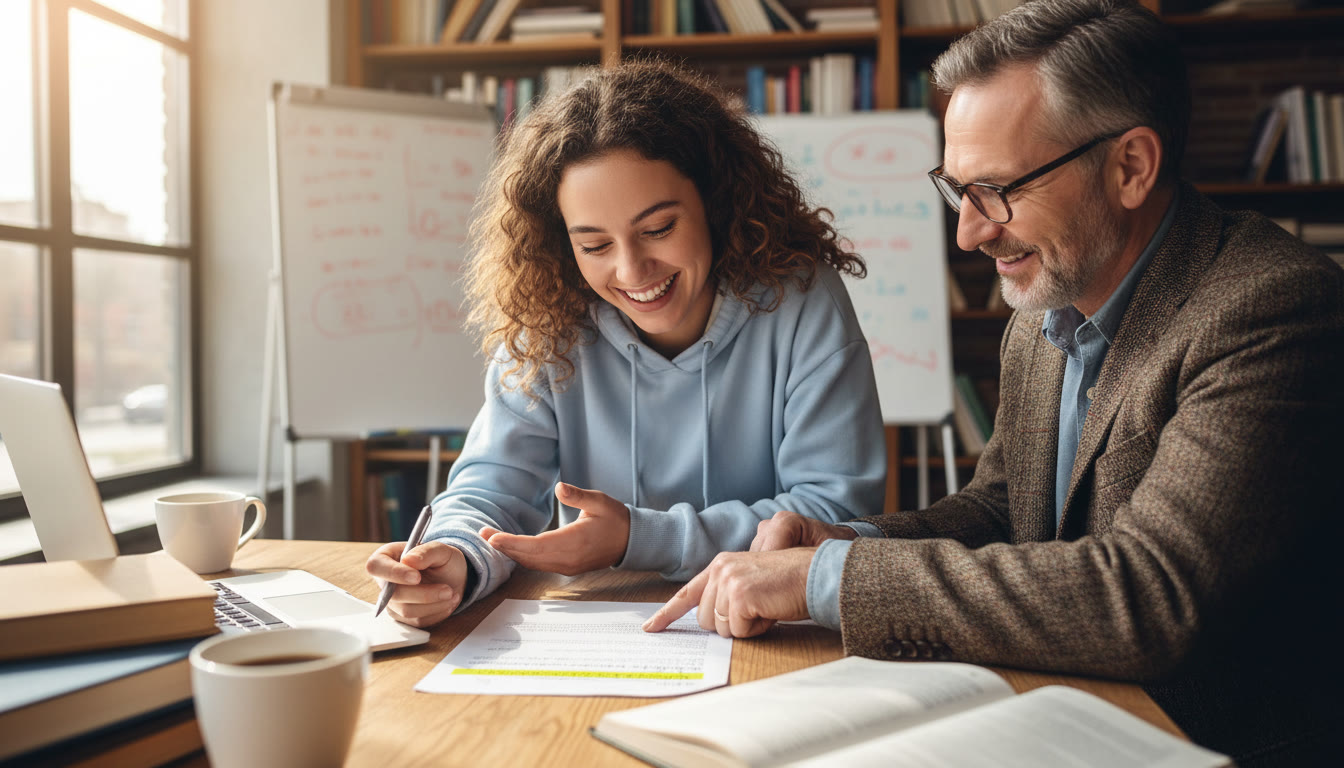 Photo Idea : A student and tutor at a table discussing a written essay, with the tutor pointing at a highlighted thesis — fits the section about targeted feedback and tutoring.