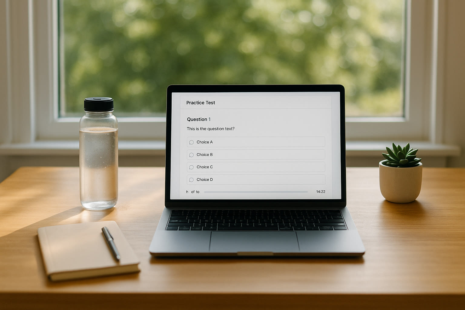 Photo Idea : A bright, tidy desk by a window with natural light, a laptop open to a practice test interface, a water bottle and a small plant nearby — conveys calm, purposeful study.