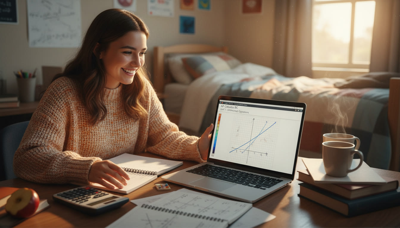 Photo Idea : A student at a desk with graph paper, calculator, and a laptop displaying a slope field and a logistic curve—warm, inviting study scene to set an encouraging tone.