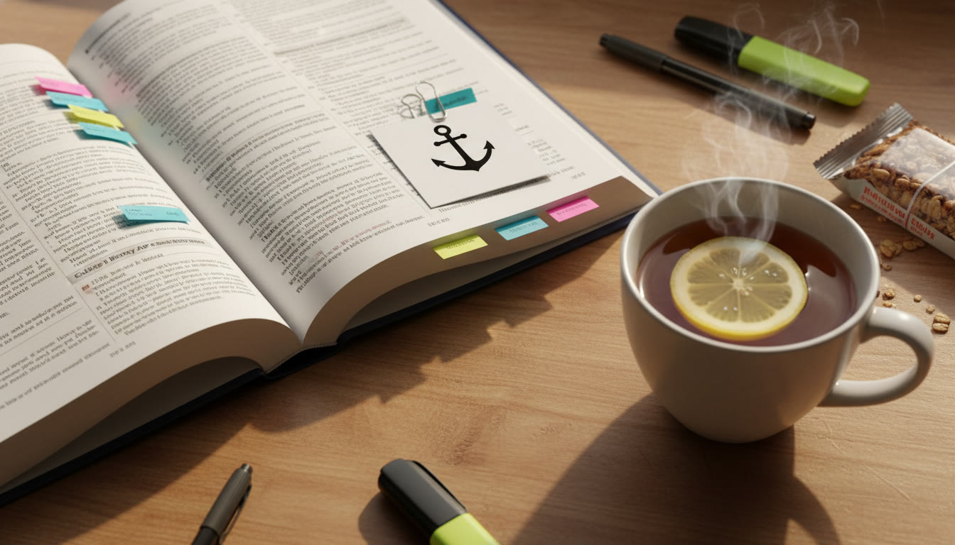 Photo Idea : A cozy study desk shot taken from above: open AP textbook, color-coded sticky tabs, a small printed index card with a bold icon (anchor symbol) clipped to the book edge, and a warm cup of tea. This image sits near the top to visually introduce the 'visual anchor' concept.