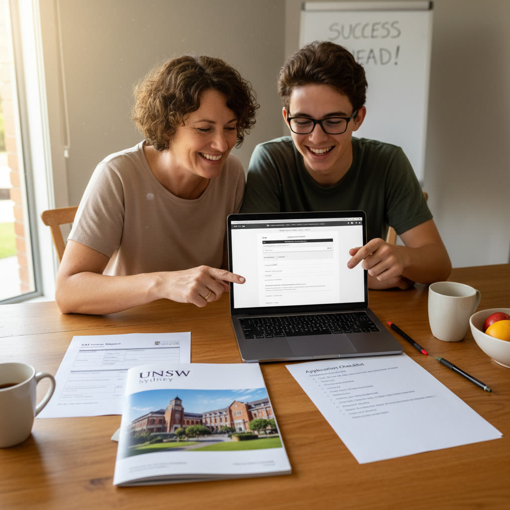 Photo Idea : A parent and student reviewing an application checklist together at a kitchen table with a printed SAT score report and UNSW program brochure visible.