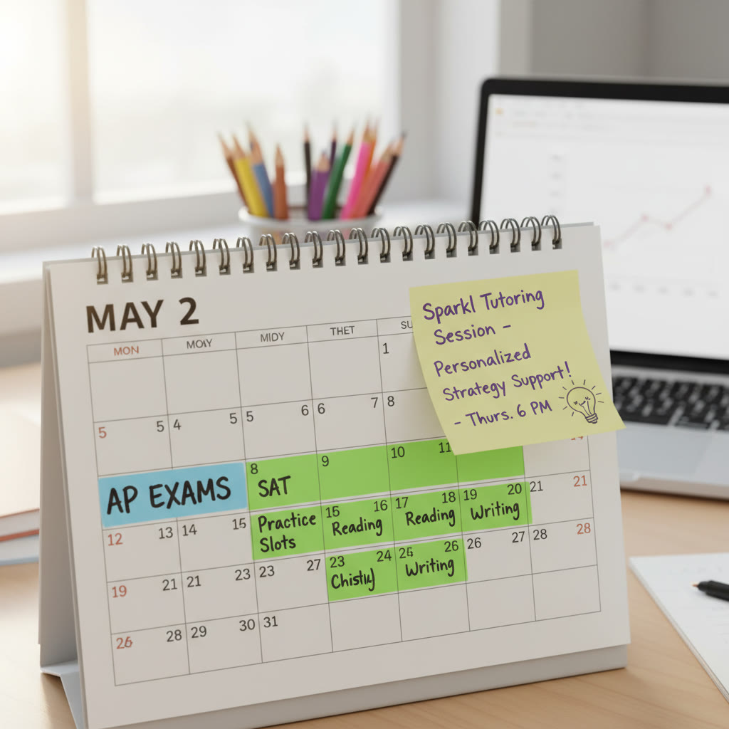 Close-up of a calendar with colored blocks showing AP exams and SAT practice slots, with a sticky note mentioning a Sparkl tutoring session for personalized strategy support.