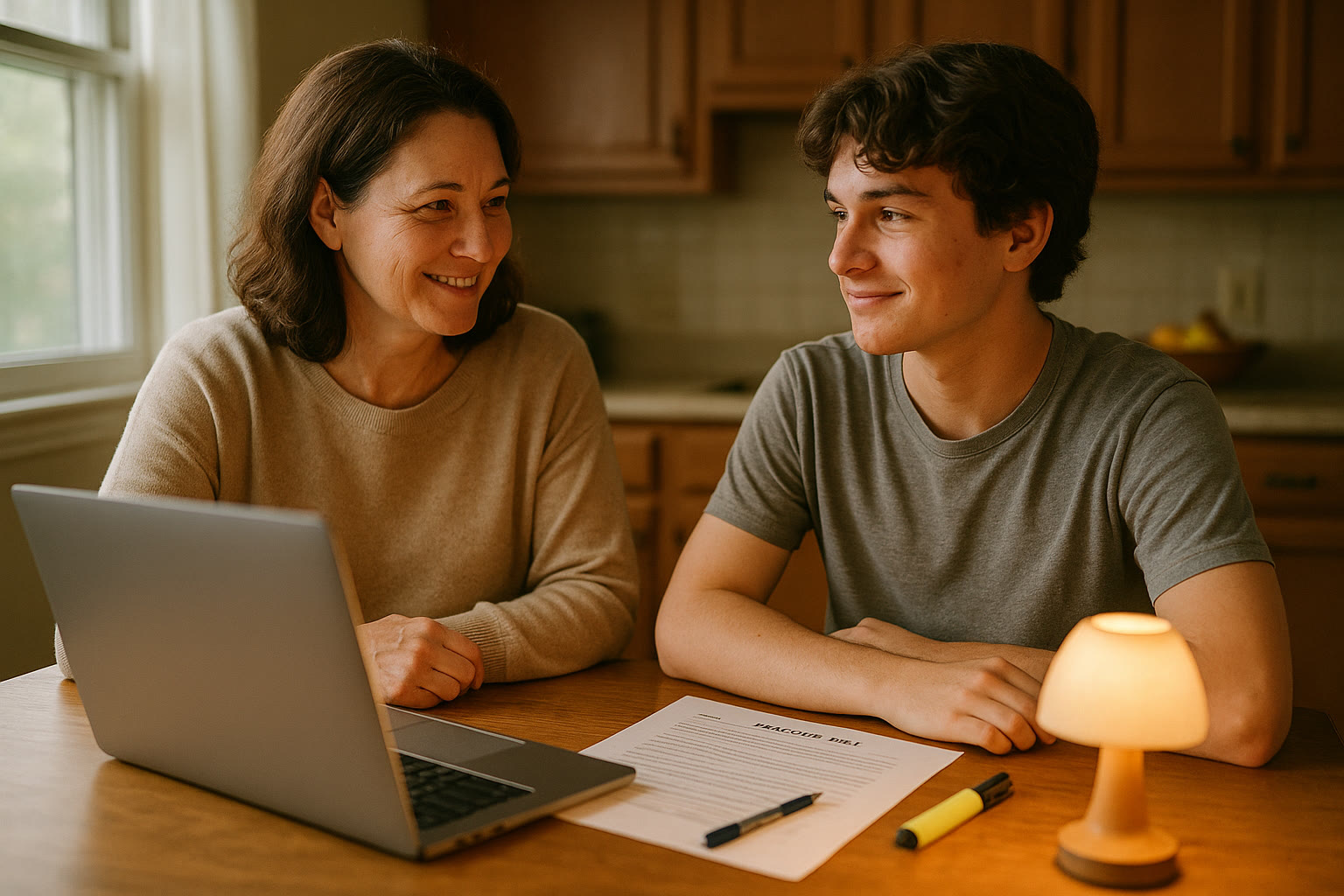 Photo Idea : A warm, candid photo of a parent and teen sitting together at a kitchen table with an open laptop, printed practice test, and a calm lamp — mid-conversation, both smiling gently.