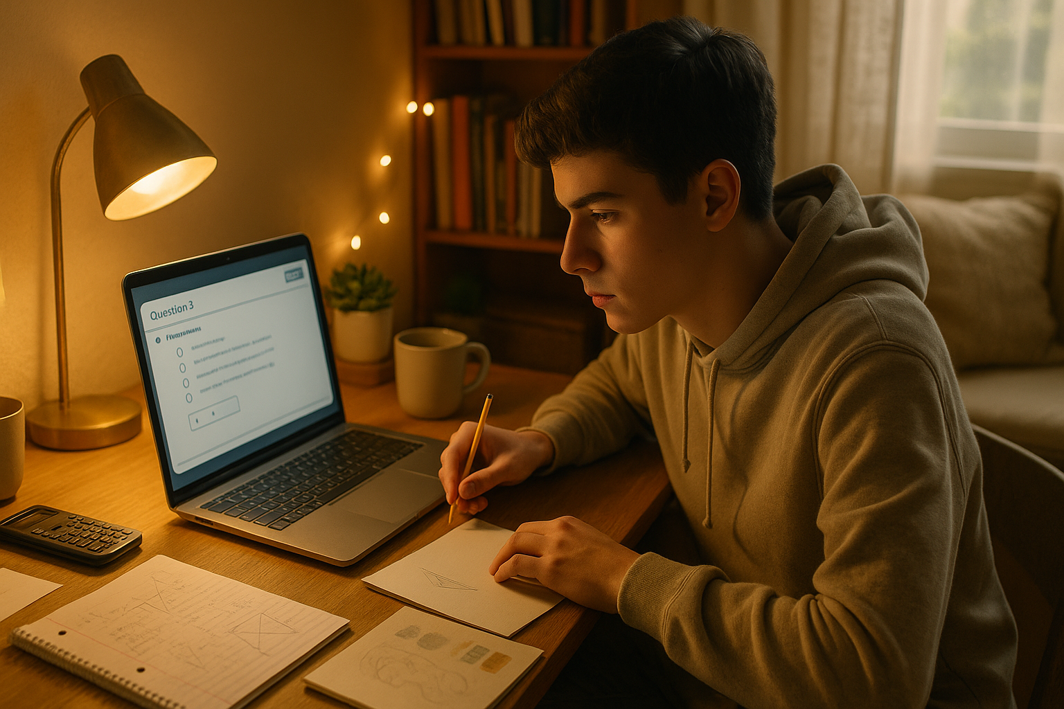 Photo Idea : A focused high school student practicing the Digital SAT on a laptop in a cozy study nook, with math notes and a sketchbook nearby to hint at both STEM and Arts interests.