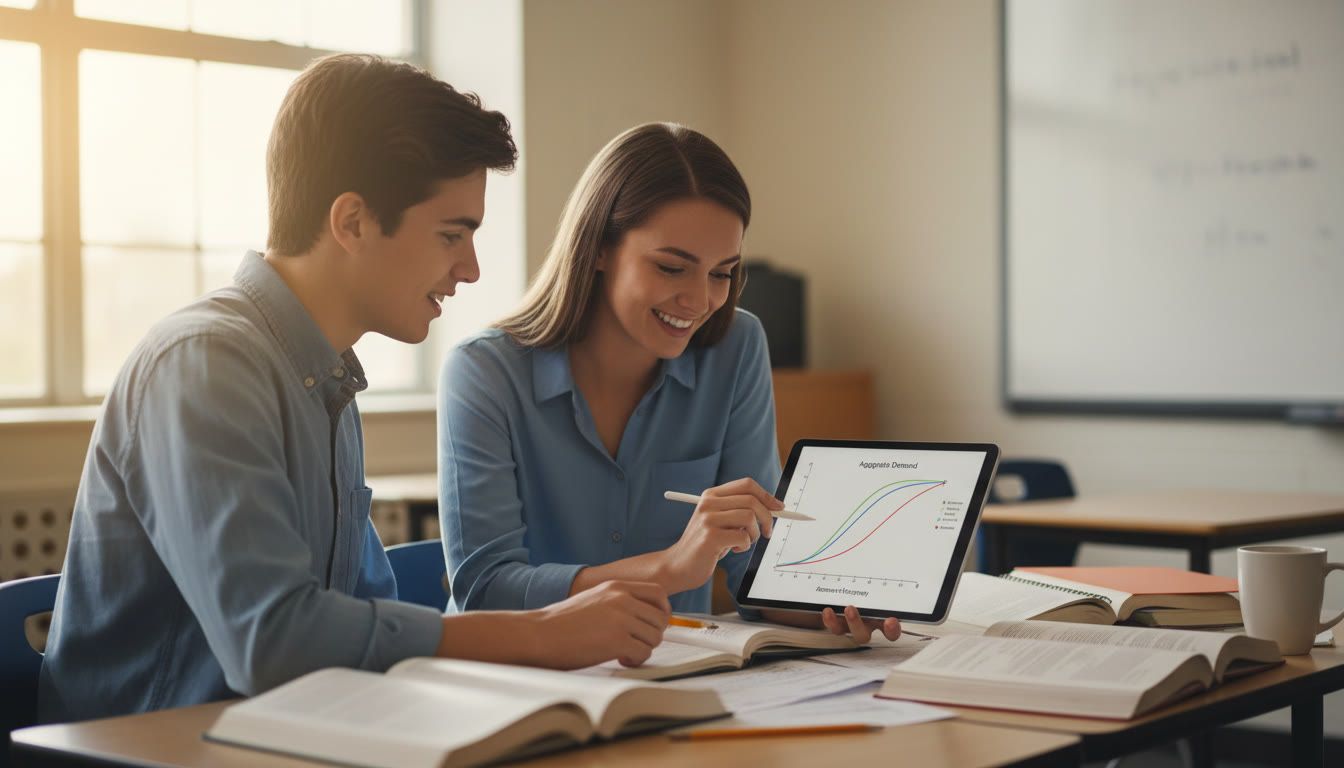Photo Idea : A classroom scene with a tutor and a student looking at a graph on a tablet — capturing personalized, one-on-one guidance and focused study energy that makes abstract concepts click.