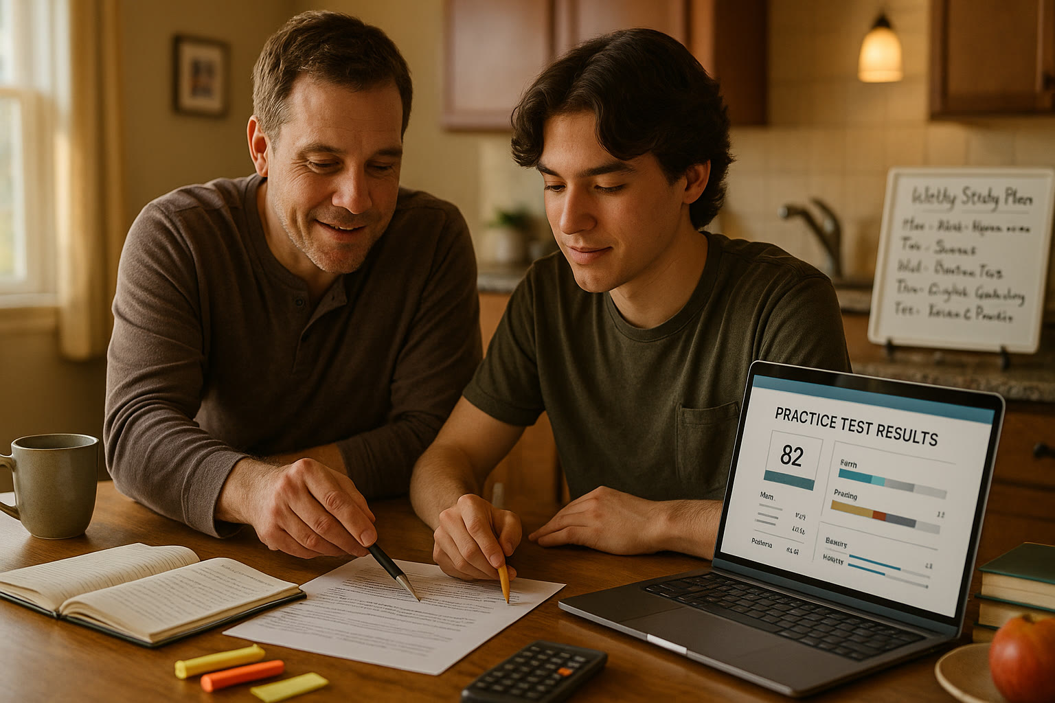 Photo Idea : A cozy family scene: parent and teen reviewing a practice test together at a kitchen table with notes, a laptop showing practice results, and a small whiteboard with a weekly study plan.