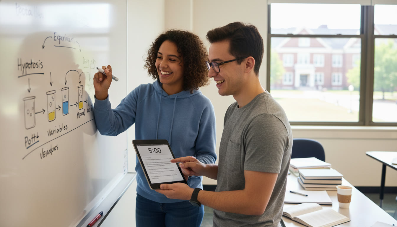 Photo Idea : Two students working together at a whiteboard, one sketching an experimental design (IA) and the other timing an AP-style written response on a tablet — showing collaboration and the dual skills of inquiry and timed performance.